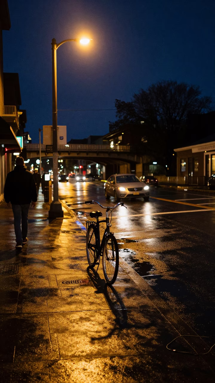 Late Night Seattle Street Scene with Bicycle and Bridge Pier Ladder in in Seattle, Washington, United States