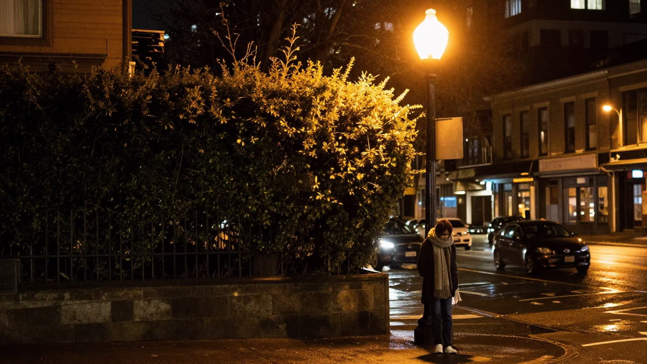 Late Night Seattle Street Scene with Boxwood Hedge and Scarf in in Seattle, Washington, United States