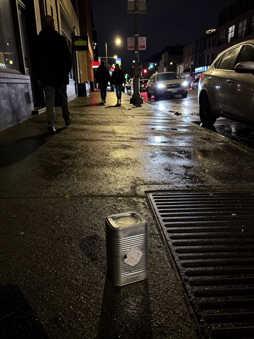 Late Night Seattle Street Scene with Coffee Tin and Brass Escutcheon Details in in Seattle, Washington, United States