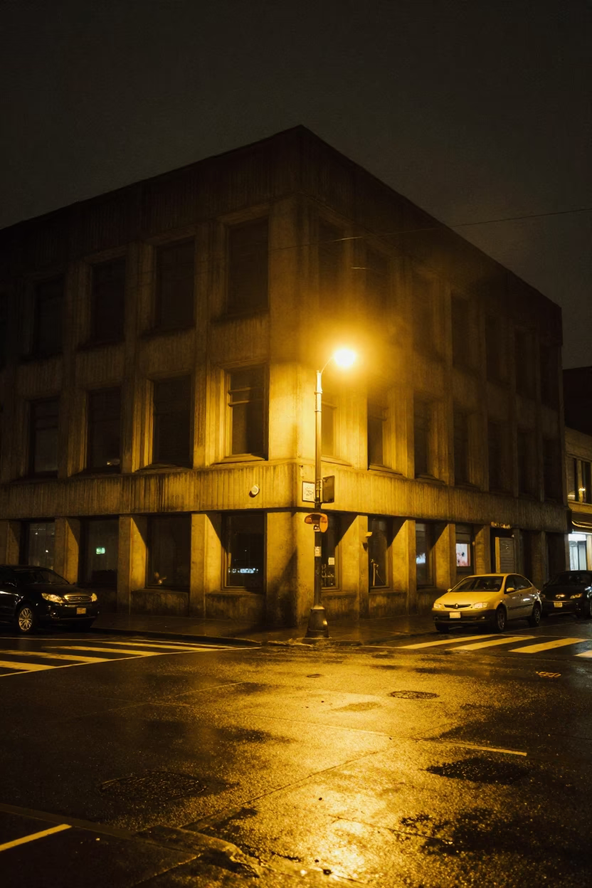 Late Night Seattle Street Scene with Concrete Brutalist Building and Parked Scooter in in Seattle, Washington, United States