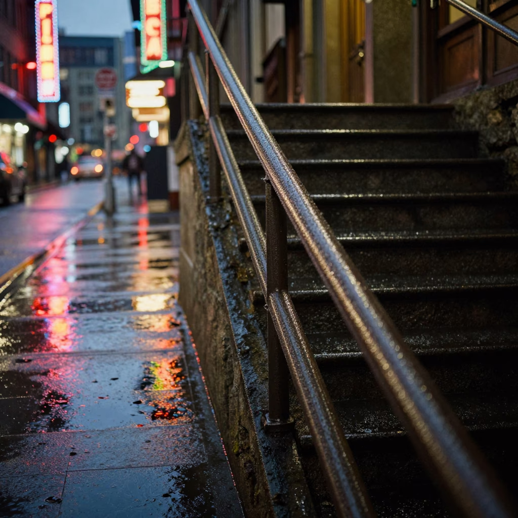 Late Night Seattle Street Scene With Condensation On Rail And Doorframe in in Seattle, Washington, United States