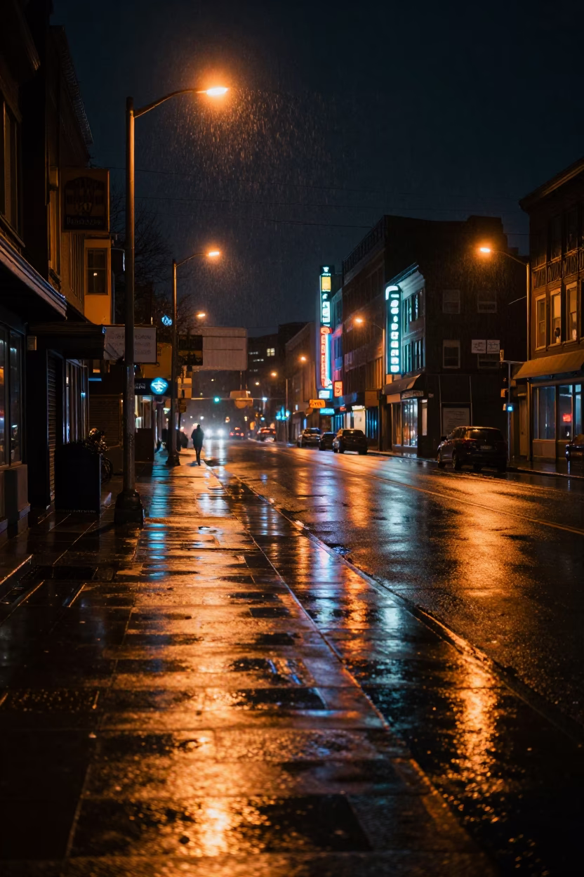 Late Night Seattle Street Scene with Damp Pavement and Sodium Streetlights in in Seattle, Washington, United States