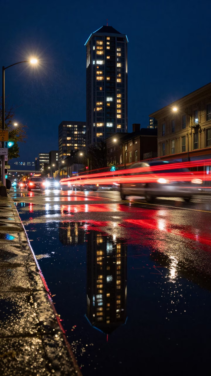 Late Night Seattle Street Scene with Puddle Reflections of Hotel Windows and Tail Lights in in Seattle, Washington, United States