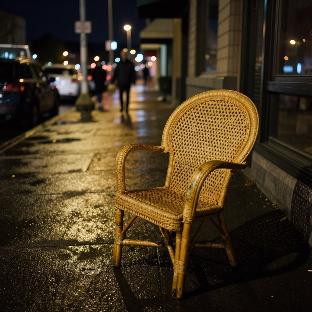 Late Night Seattle Street Scene with Rattan Chair and Urban Details in in Seattle, Washington, United States
