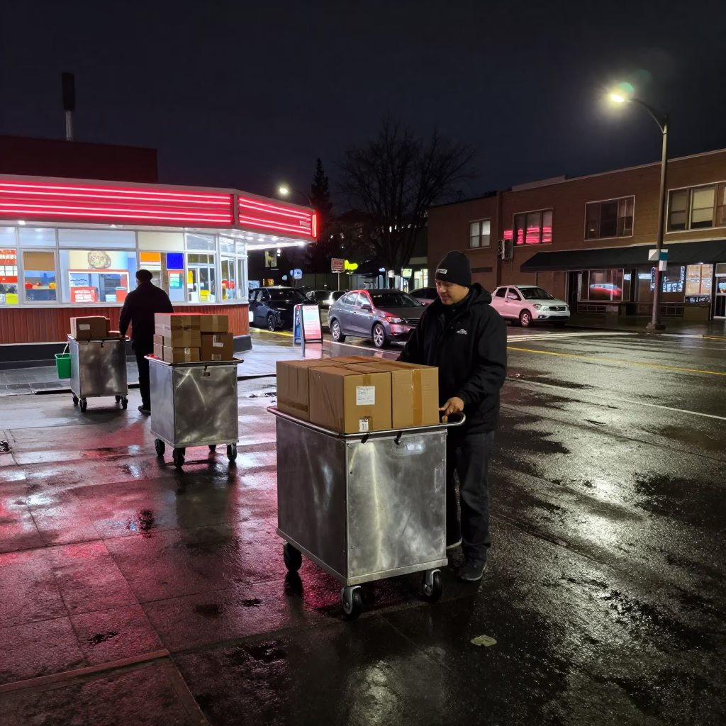 Late Night Seattle Street Scene with Rolling Carts and City Lights in in Seattle, Washington, United States