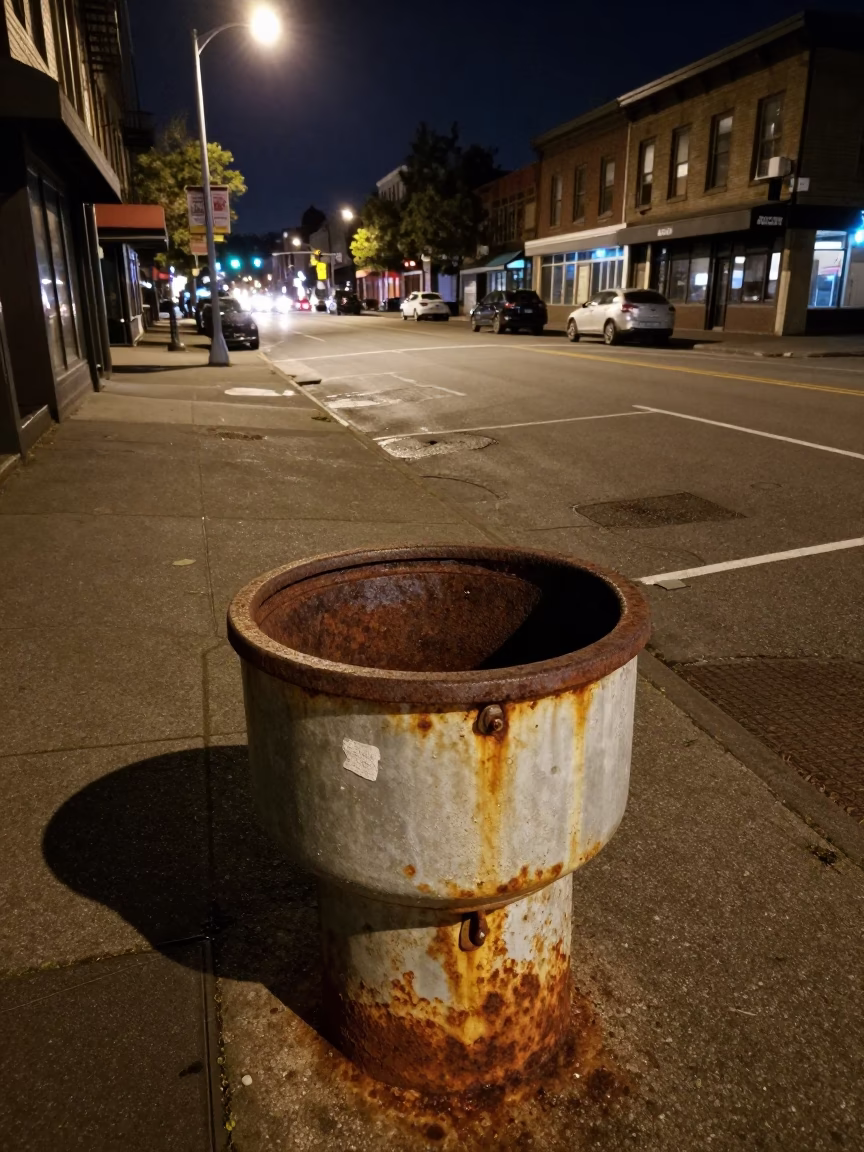 Late Night Seattle Street Scene with Rusty Basin and Power Substation in in Seattle, Washington, United States
