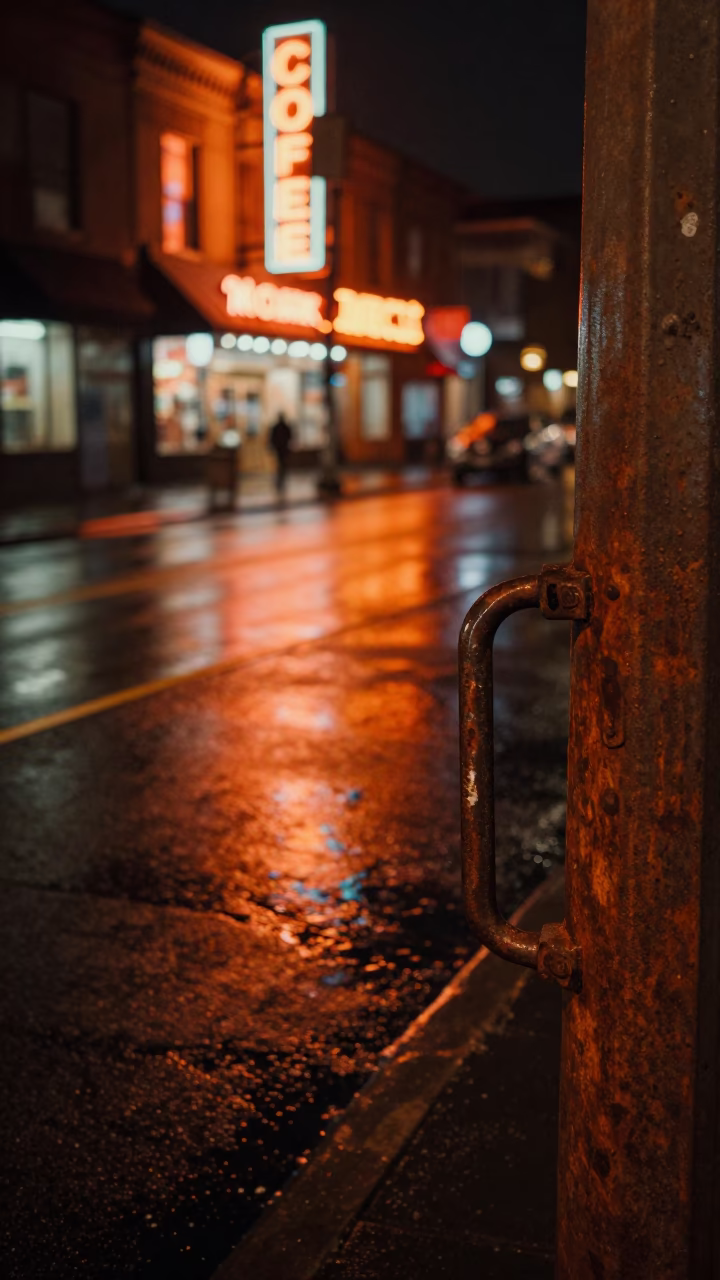 Late Night Seattle Street Scene with Rusty Metal Handle and Wet Pavement Reflections in in Seattle, Washington, United States