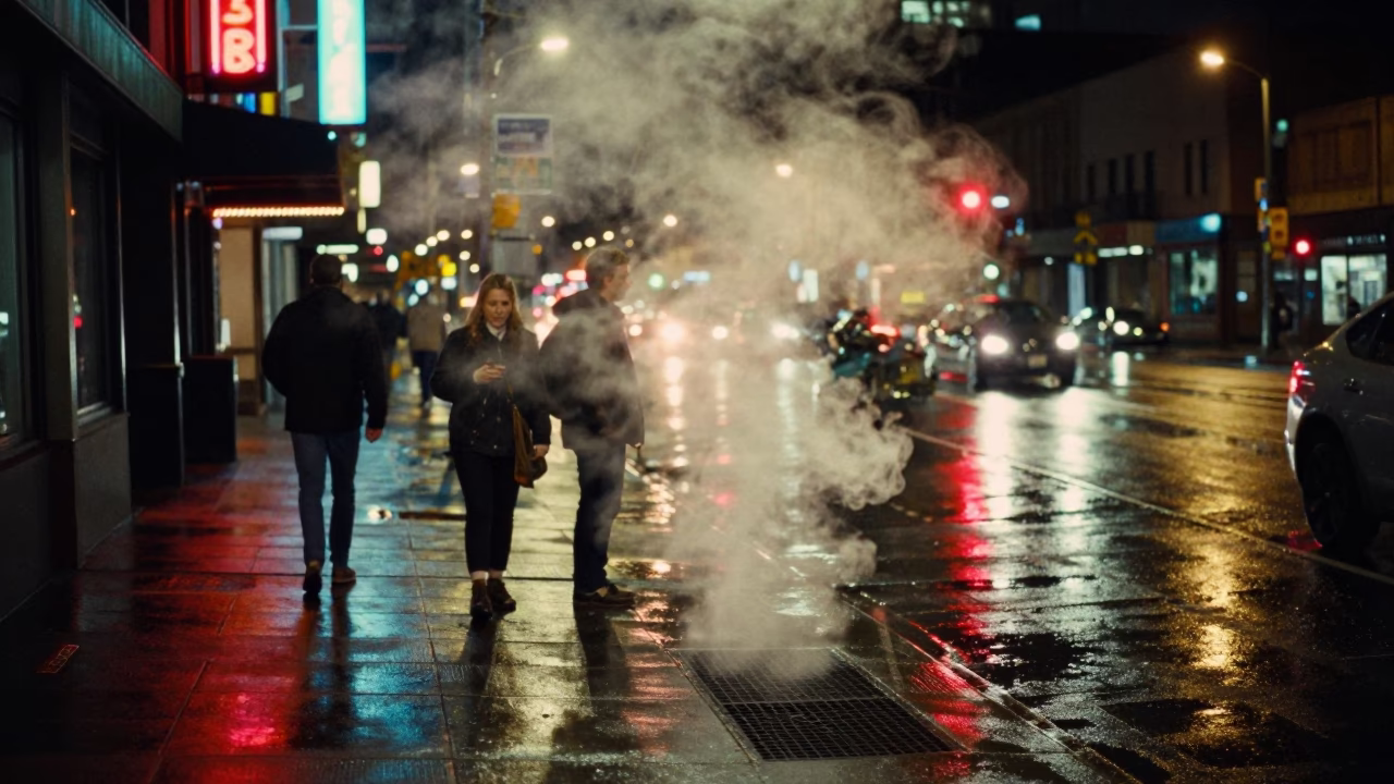 Late Night Seattle Street Scene with Steam and Urban Light at Midnight in in Seattle, Washington, United States
