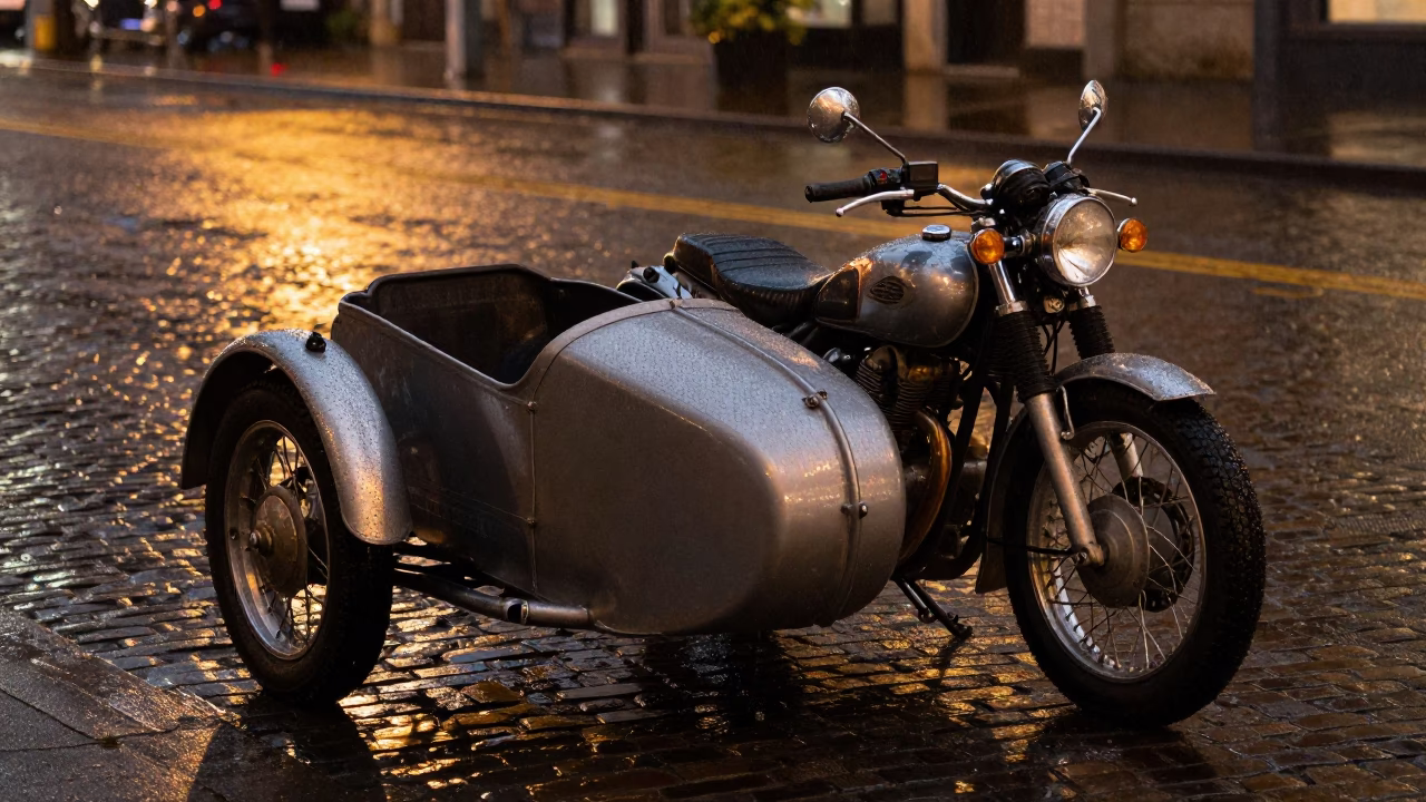 Late Night Seattle Street Scene with Vintage Motorcycle and Rain Slicked Pavement in in Seattle, Washington, United States