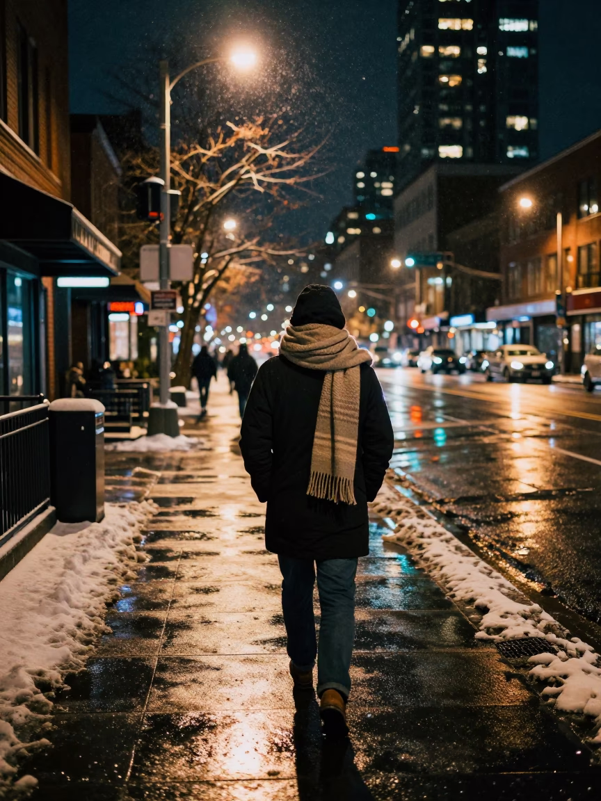 Late Night Seattle Street Scene with Wet Snow Slush and Wool Scarves in in Seattle, Washington, United States