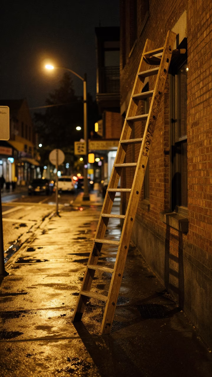 Late Night Seattle Street Scene with Wooden Ladder and Distant Waterfront Lights in in Seattle, Washington, United States