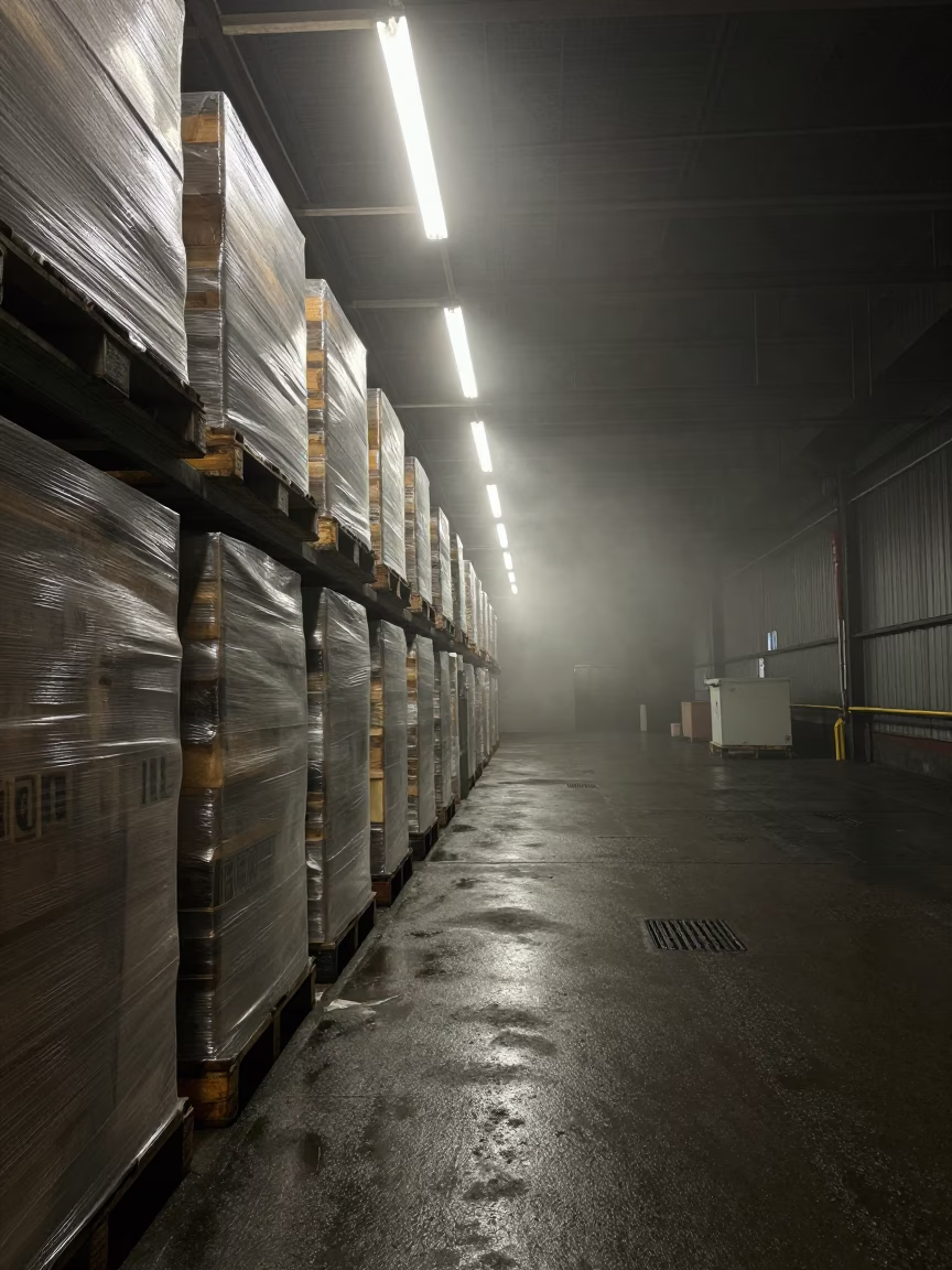 Late Night Seattle Warehouse District Steam Haze and Shrink Wrapped Pallets in in Seattle, Washington, United States