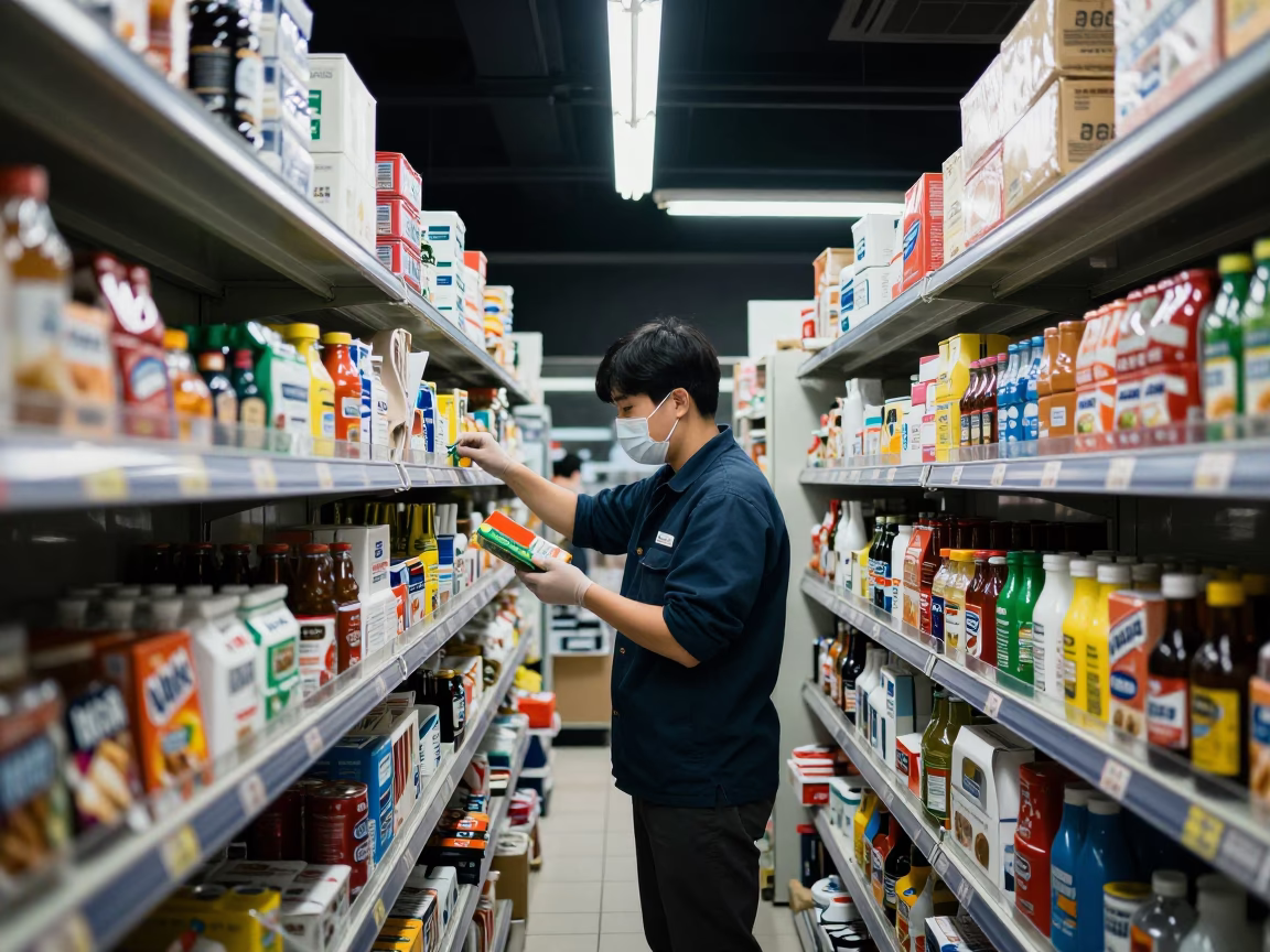 Late Night Seoul Convenience Store Clerk Restocking Brushed Steel Shelves Under Fluorescent Lights in in Seoul, South Korea