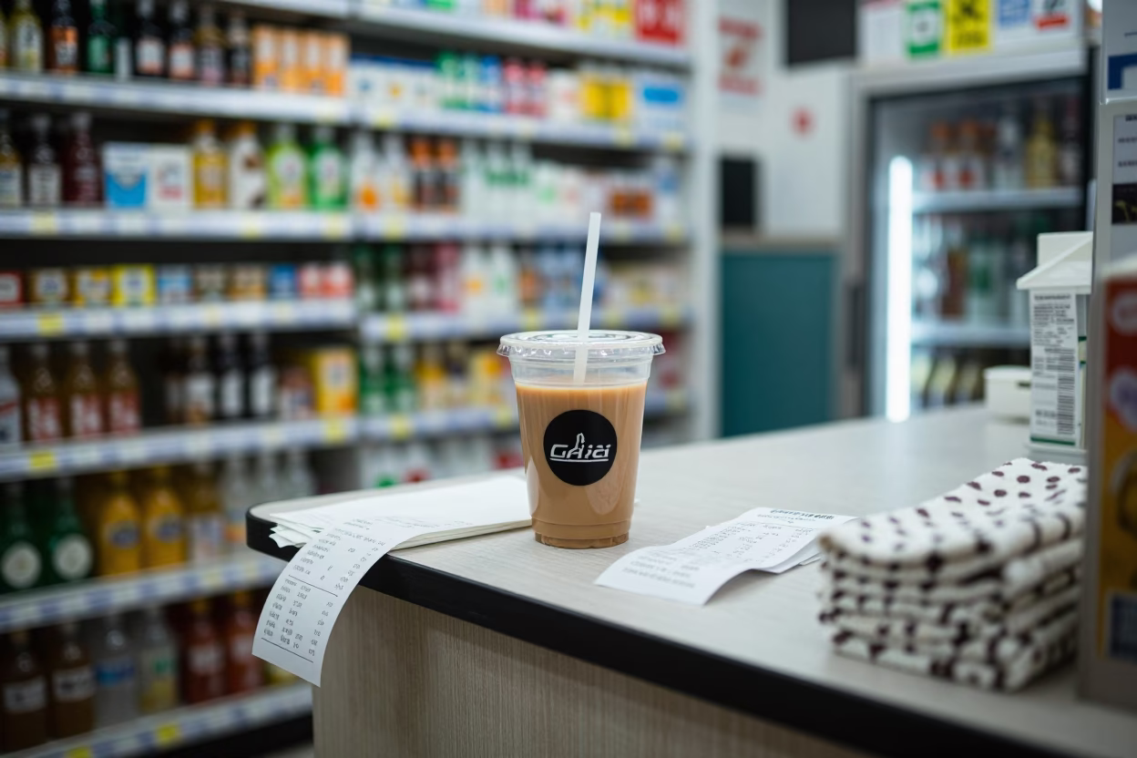 Late Night Seoul Convenience Store Interior with Chai Cup and Cardamom Steam on Counter in in Seoul, South Korea