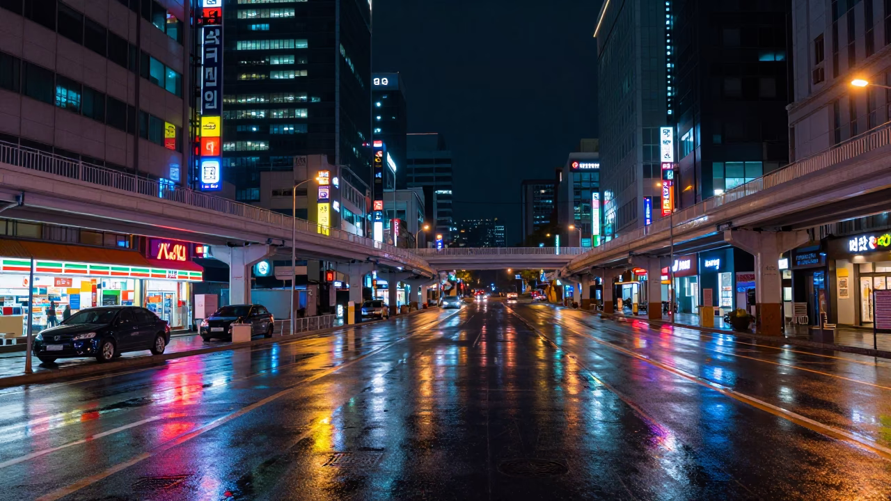 Late Night Seoul Neon Reflections on Wet Asphalt Overpass Interchange with Taillights in in Seoul, South Korea