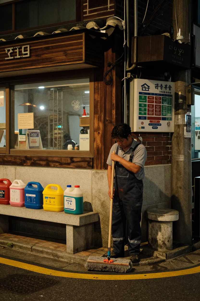 Late Night Seoul Street Corner with Cleaning Supplies and Wooden Tray in in Seoul, South Korea