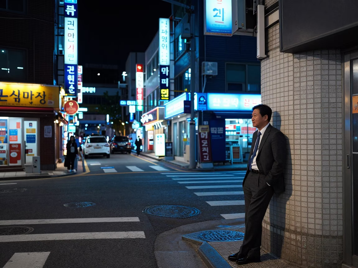 Late Night Seoul Street Corner with Neon Signs and Exhausted Office Worker in in Seoul, South Korea