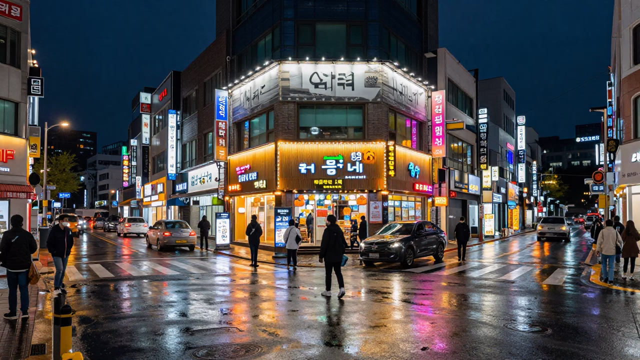 Late Night Seoul Street Corner with Neon Signs and Urban Life in in Seoul, South Korea