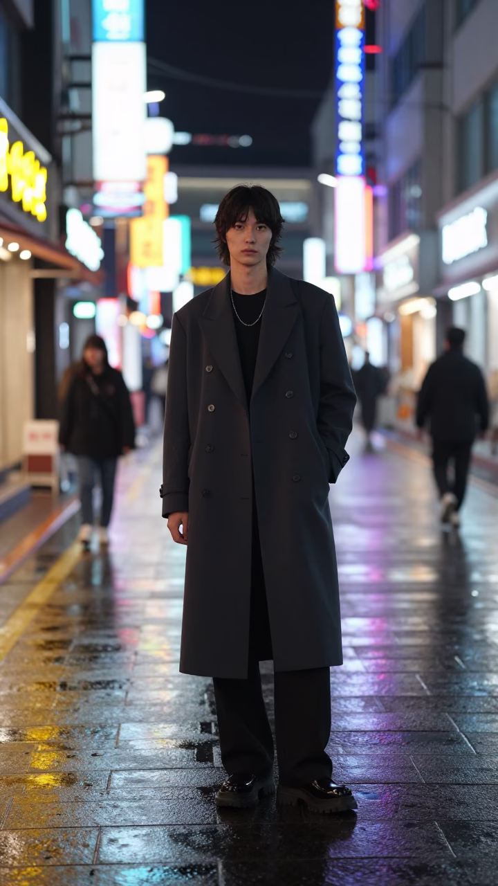 Late Night Seoul Street Fashion Portrait with Neon Reflections and Urban Details in in Seoul, South Korea
