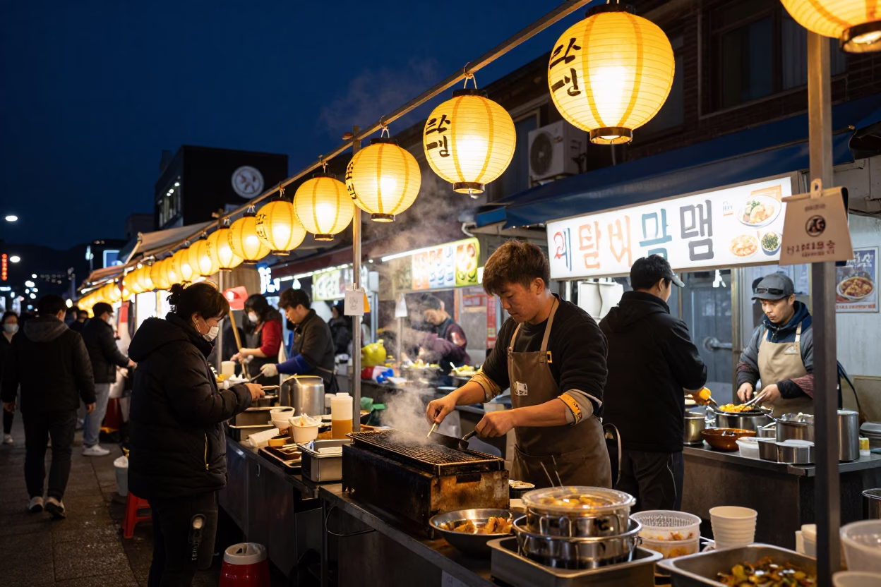 Late Night Seoul Street Food Stall with Glowing Lanterns and Busy Vendor Scene in in Seoul, South Korea