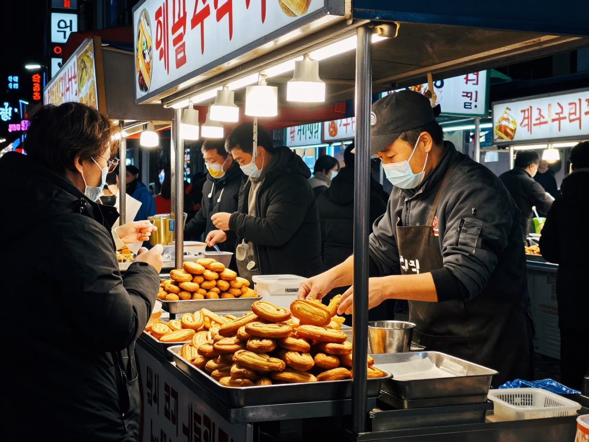 Late Night Seoul Street Food Stall with Golden Palmiers and Steel Handle Detail in in Seoul, South Korea