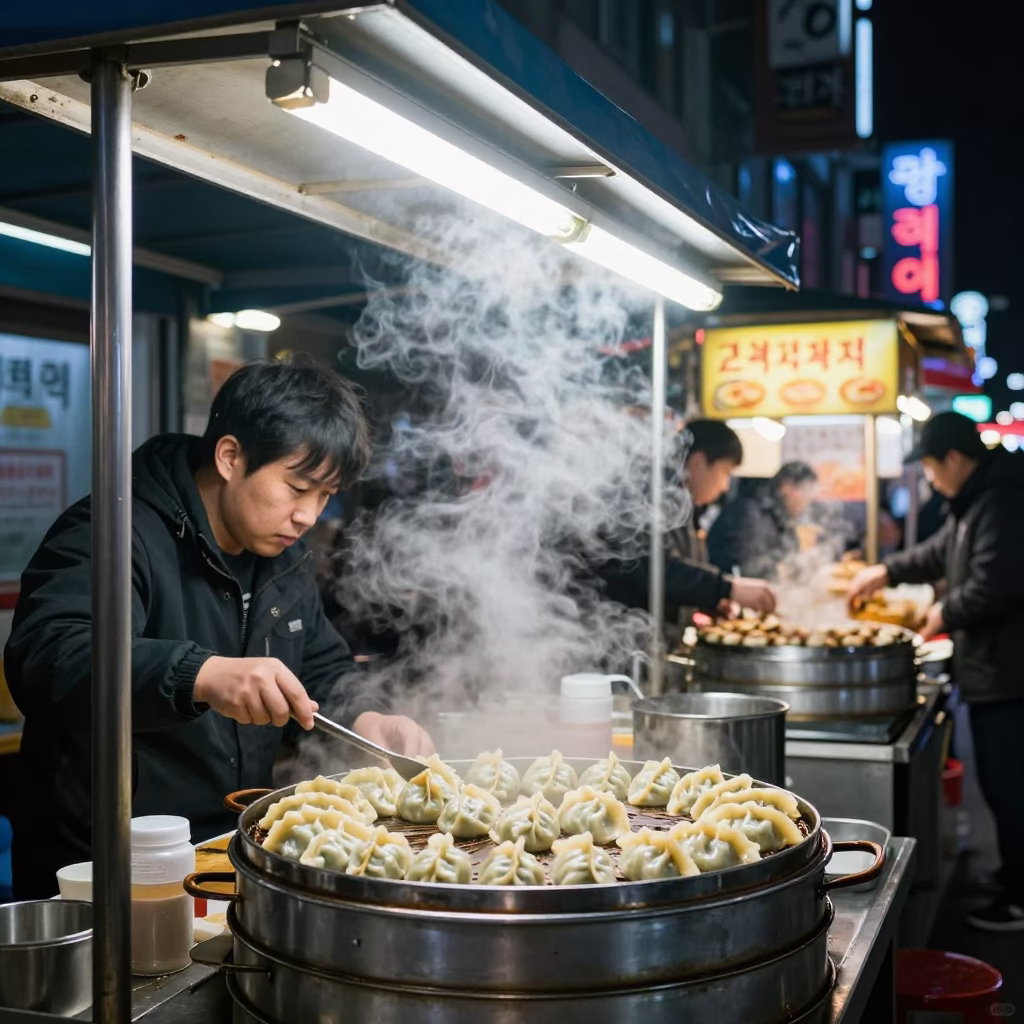 Late Night Seoul Street Food Stall with Mandu Dumplings and Neon Lights in in Seoul, South Korea