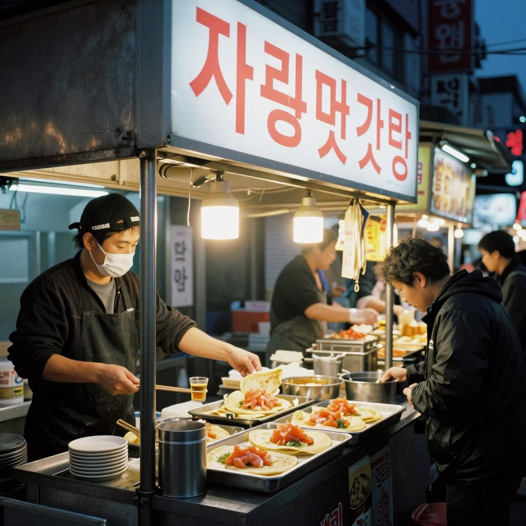Late Night Seoul Street Food Stall with Neon Lights and Steaming Food in in Seoul, South Korea