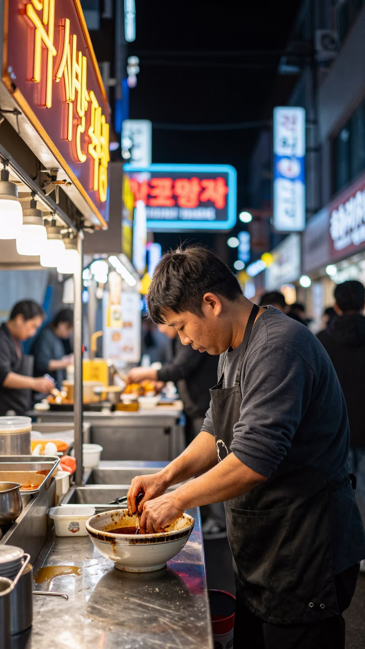 Late Night Seoul Street Food Stall with Neon Lights and Traditional Tea Stains in in Seoul, South Korea