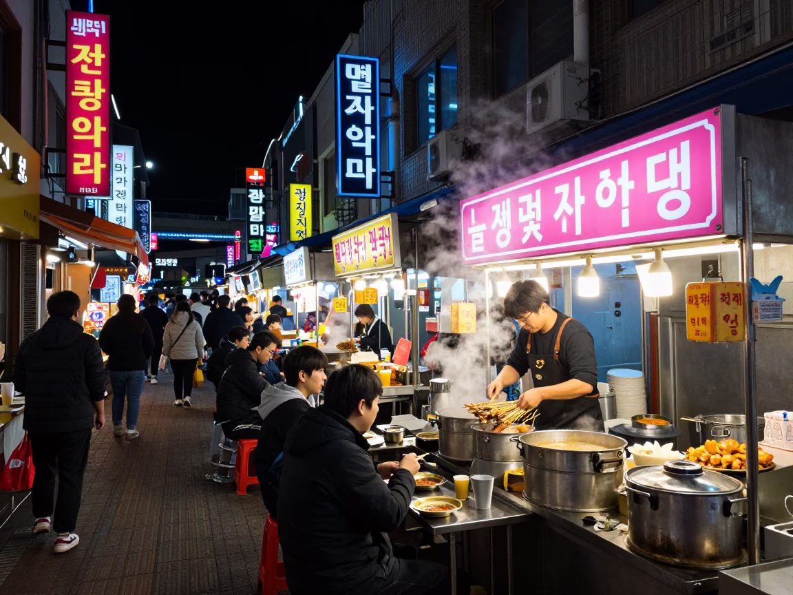 Late Night Seoul Street Food Stall with Neon Signs and Customers Eating in in Seoul, South Korea