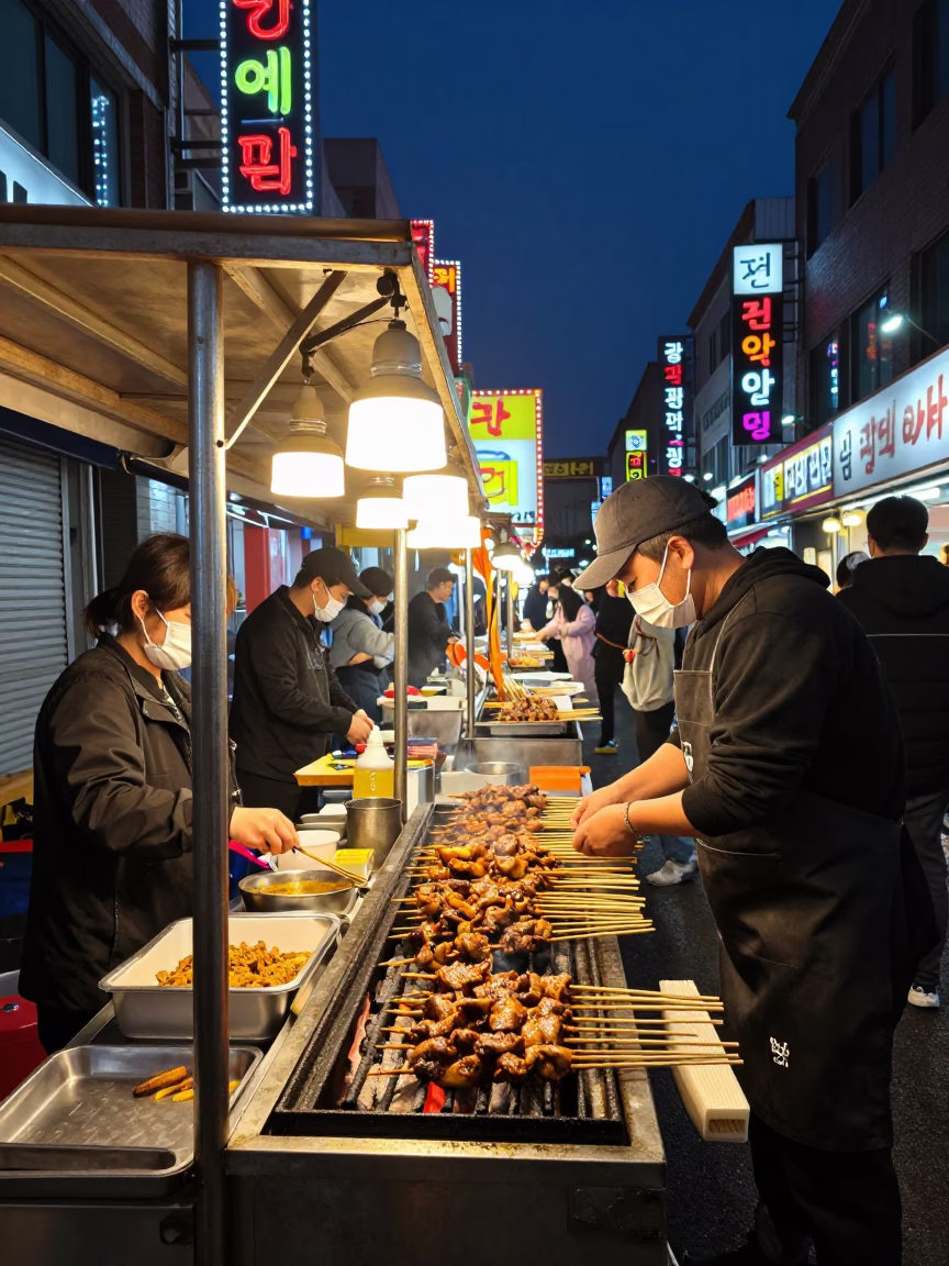 Late Night Seoul Street Food Stall with Sate Skewers and Neon Lights in in Seoul, South Korea