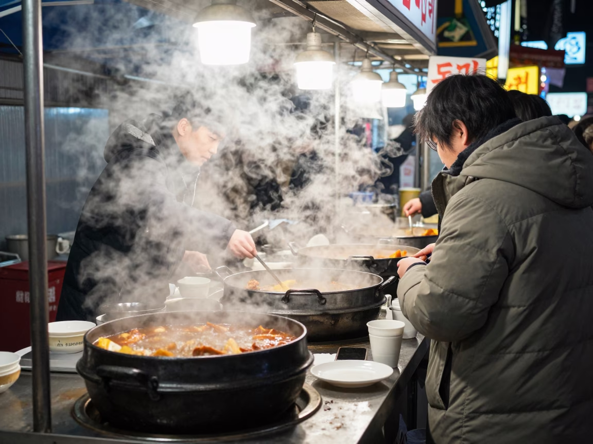 Late Night Seoul Street Food Stall with Steam and Neon Lights in in Busan, South Korea