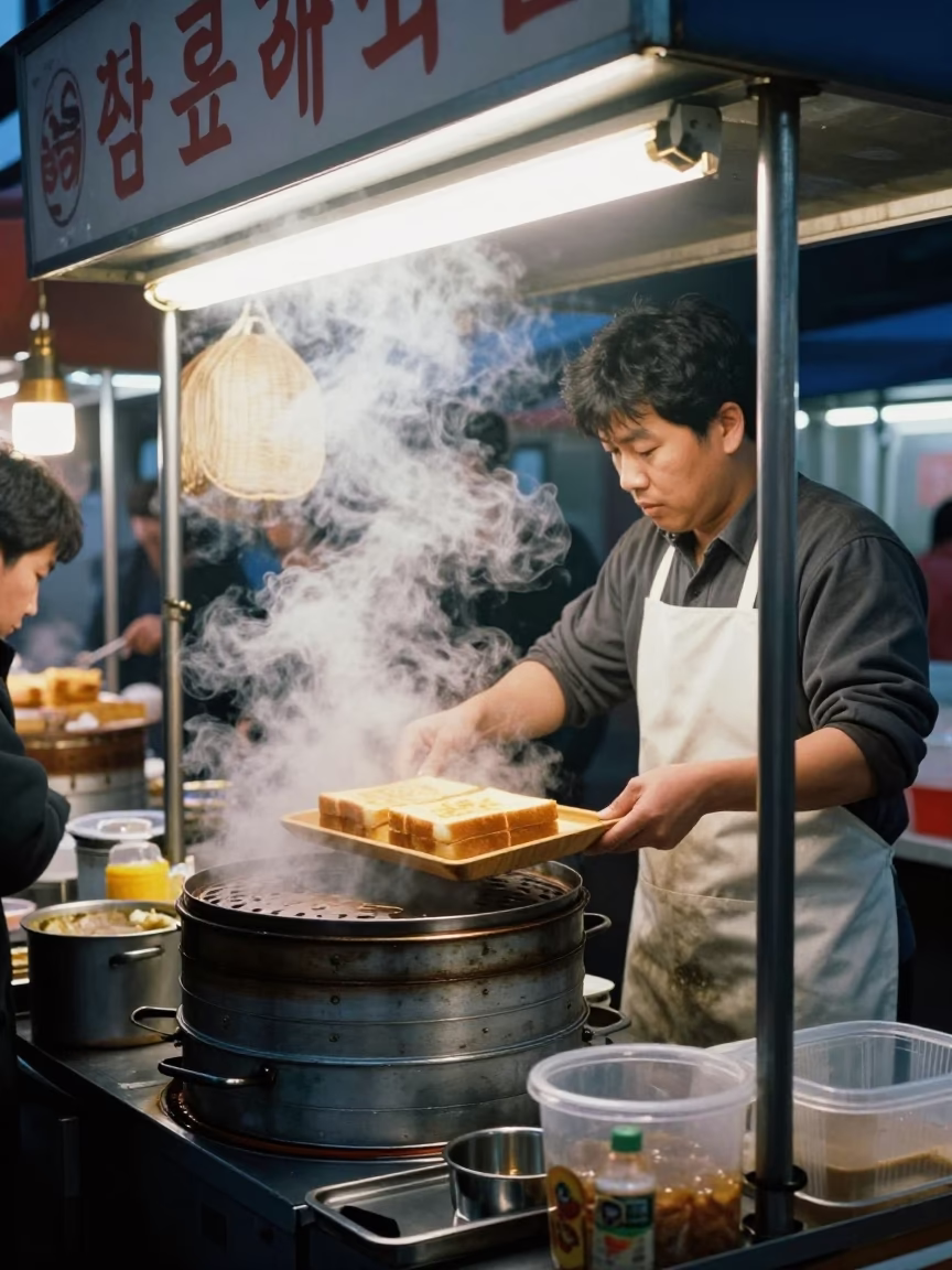 Late Night Seoul Street Food Stall with Steam and Urban Neon at Midnight in in Seoul, South Korea