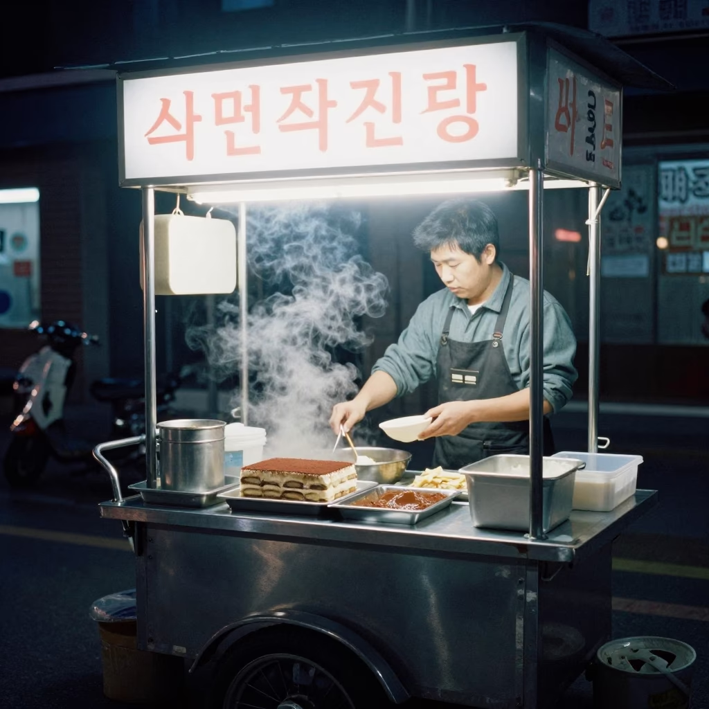 Late Night Seoul Street Food Stall with Tiramisu and Urban Nightlife in in Seoul, South Korea