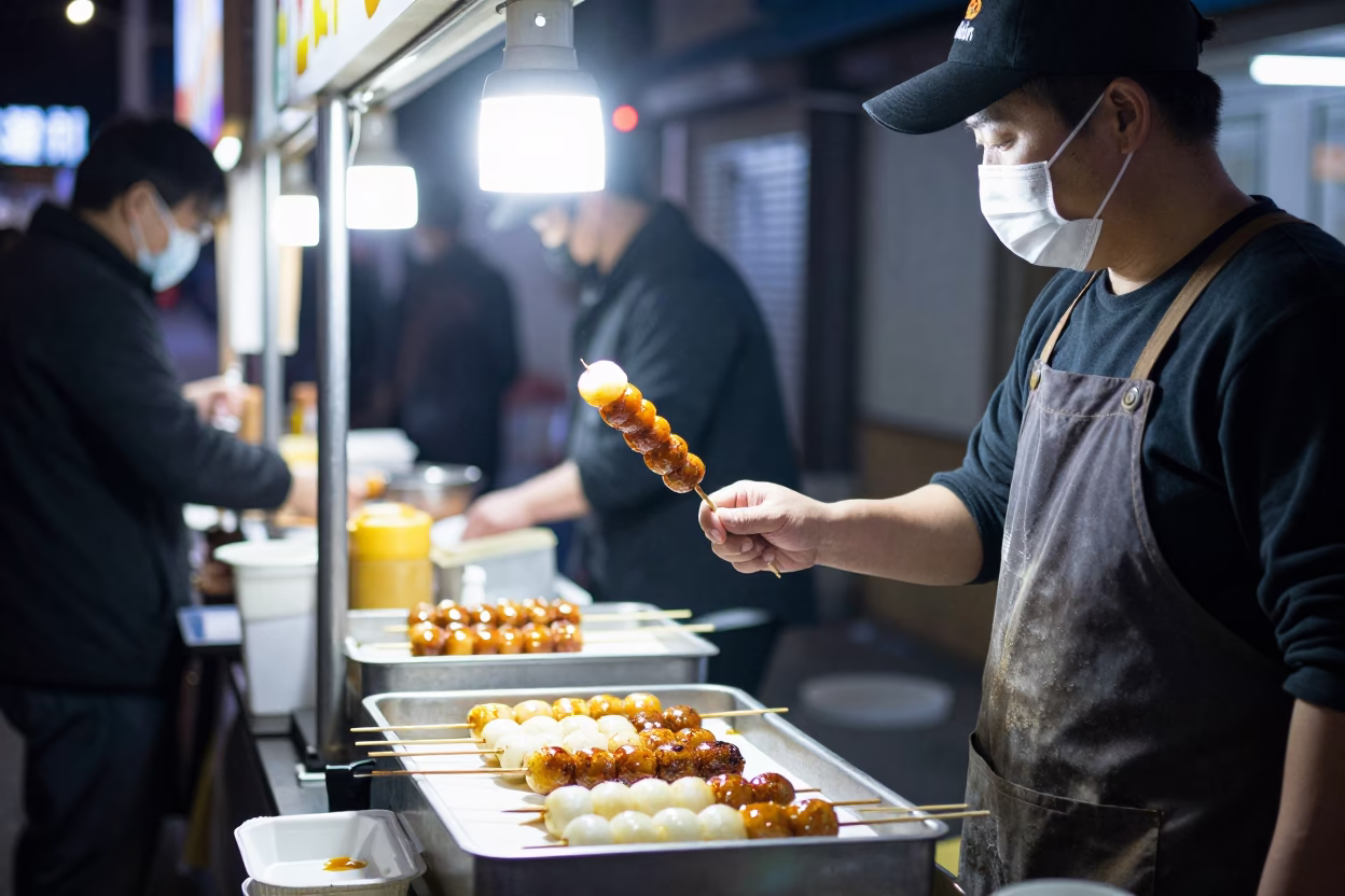 Late Night Seoul Street Food Vendor Serving Dango Skewers to Customers in in Seoul, South Korea