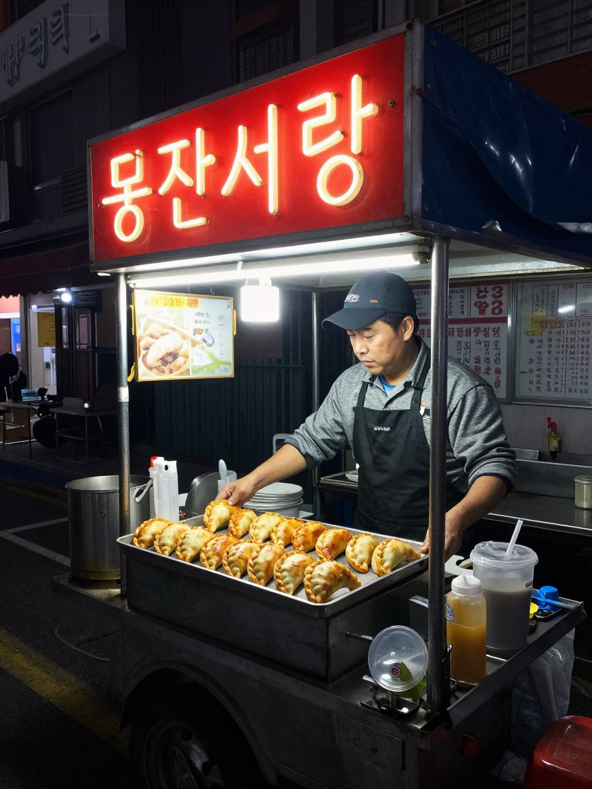 Late Night Seoul Street Food Vendor Serving Empanadas Near Neon Signage in in Seoul, South Korea