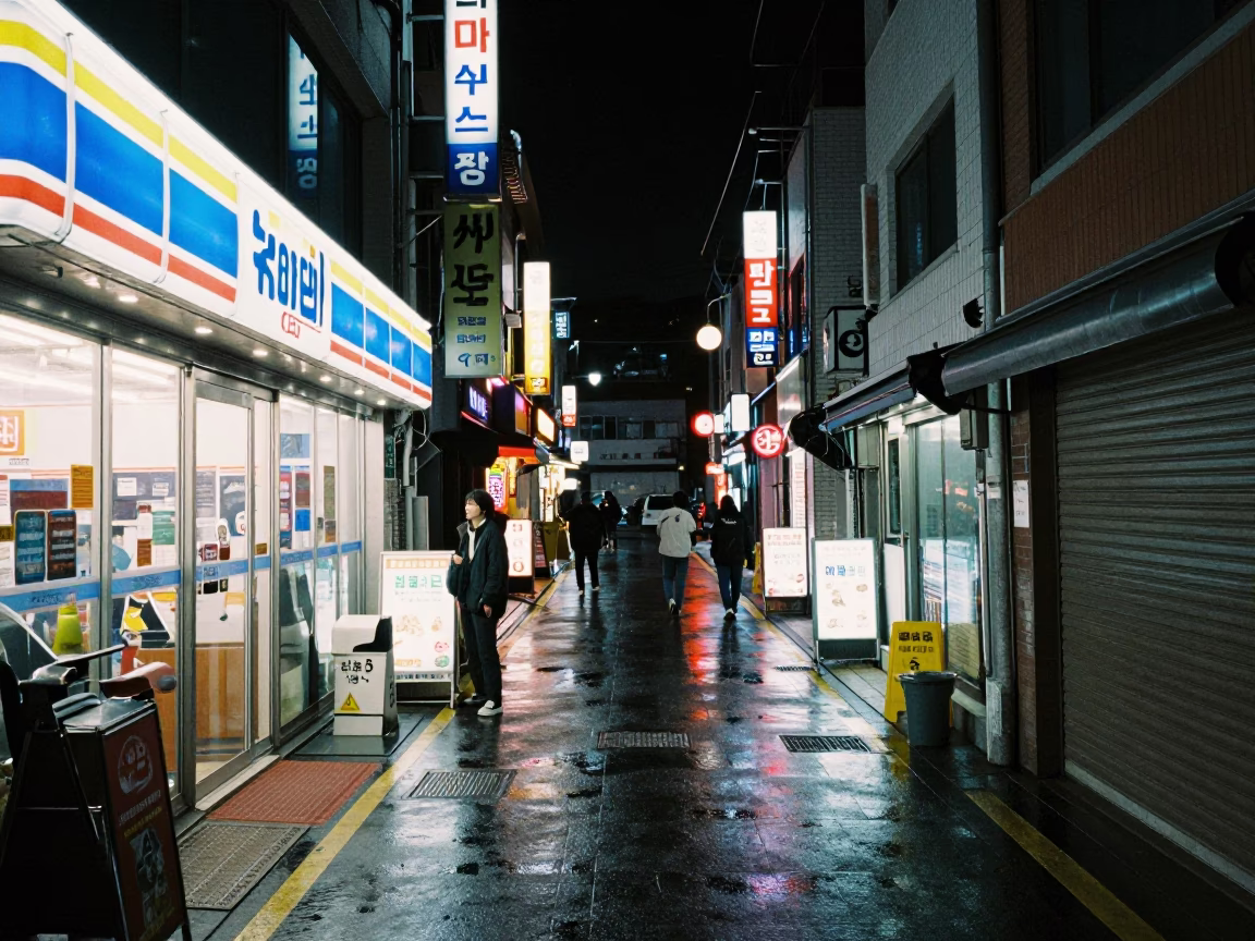 Late Night Seoul Street Scene with Convenience Store Convenience and Parked Motorcycle in in Seoul, South Korea