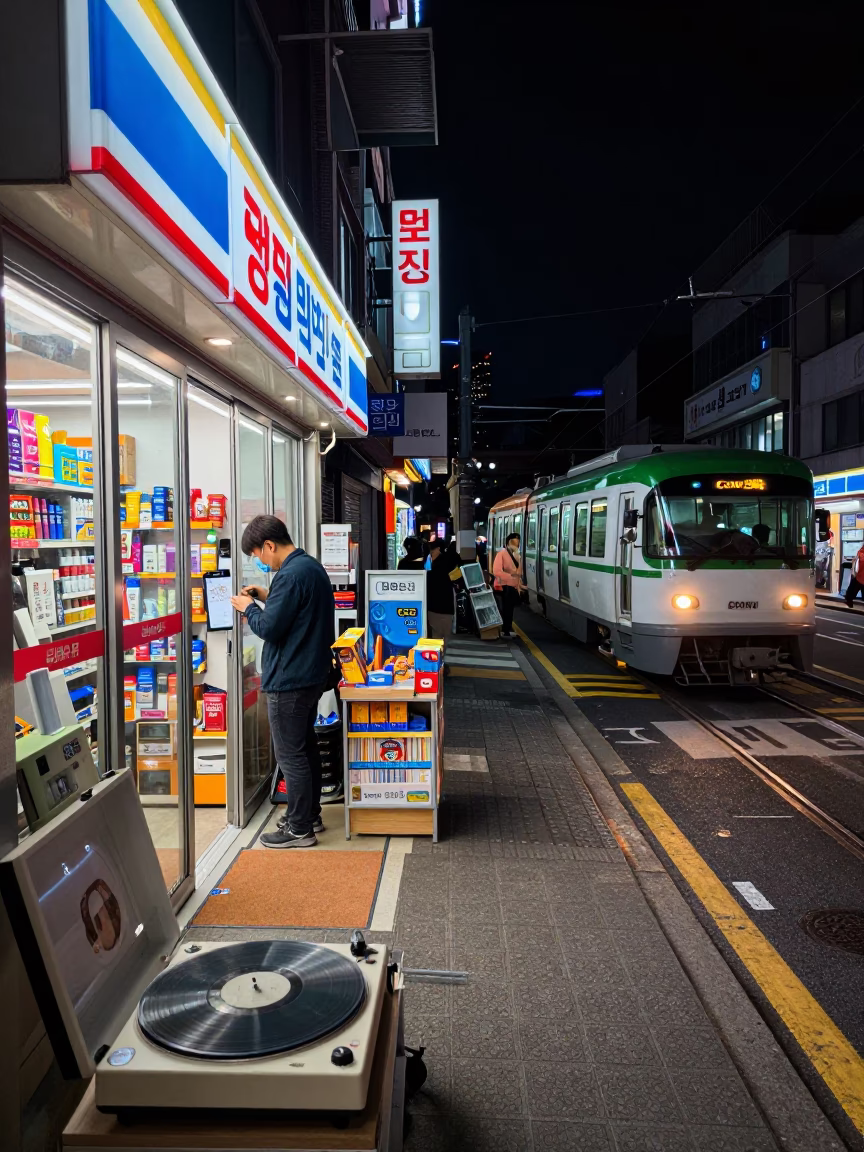 Late Night Seoul Street Scene with Metro Train and Urban Details in in Seoul, South Korea