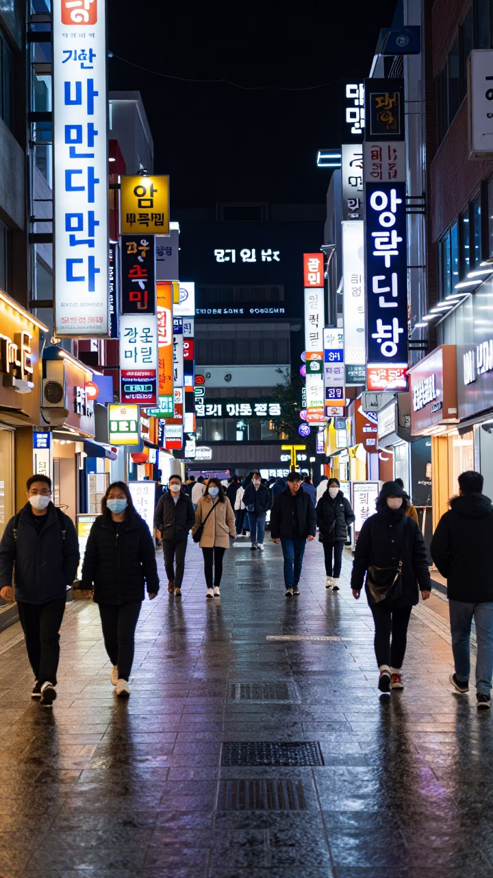 Late Night Seoul Street Scene with Neon Lights and Busy Urban Life in in Seoul, South Korea
