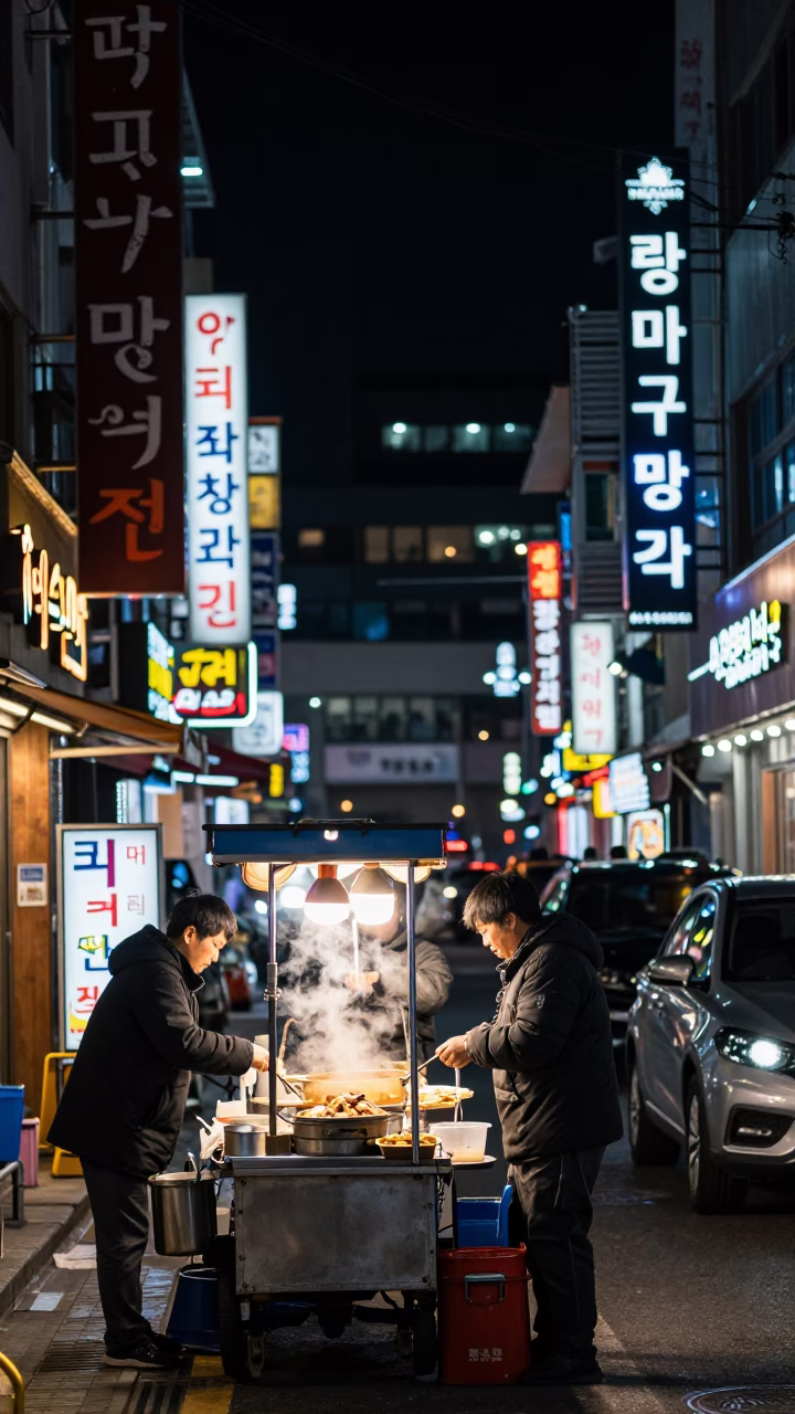 Late Night Seoul Street Scene with Neon Lights and Traditional Architecture in in Seoul, South Korea
