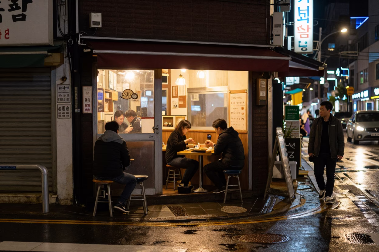Late Night Seoul Street Scene with Neon Reflections and Traditional Korean Dining in in Seoul, South Korea