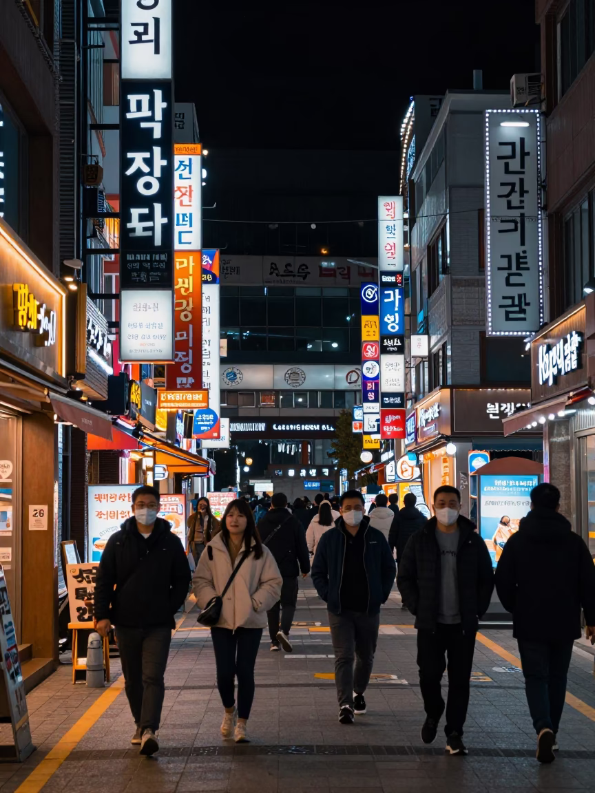 Late Night Seoul Street Scene with Neon Signs and Traditional Korean Storefronts in in Seoul, South Korea