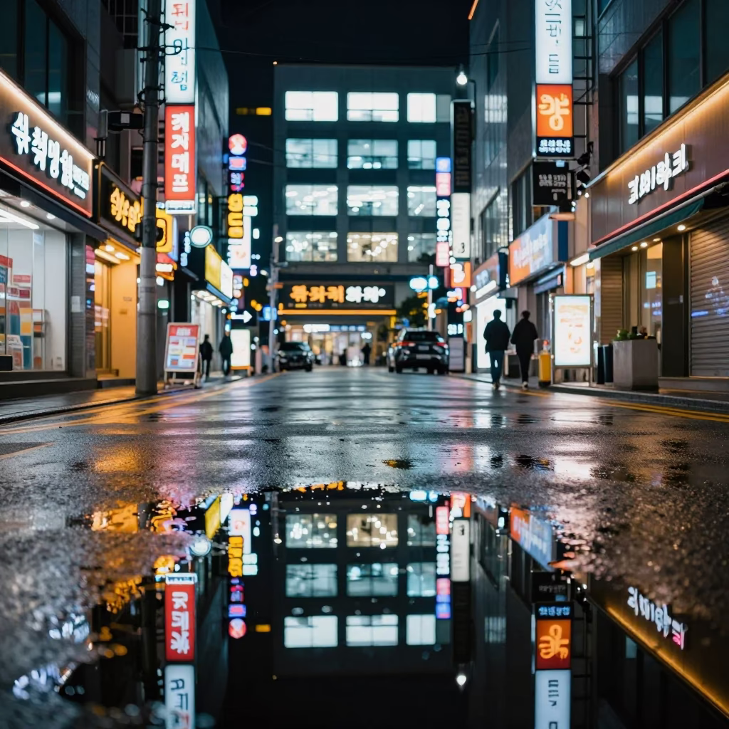Late Night Seoul Street Scene with Puddle Reflections of Hotel Windows and Tail Lights in in Seoul, South Korea