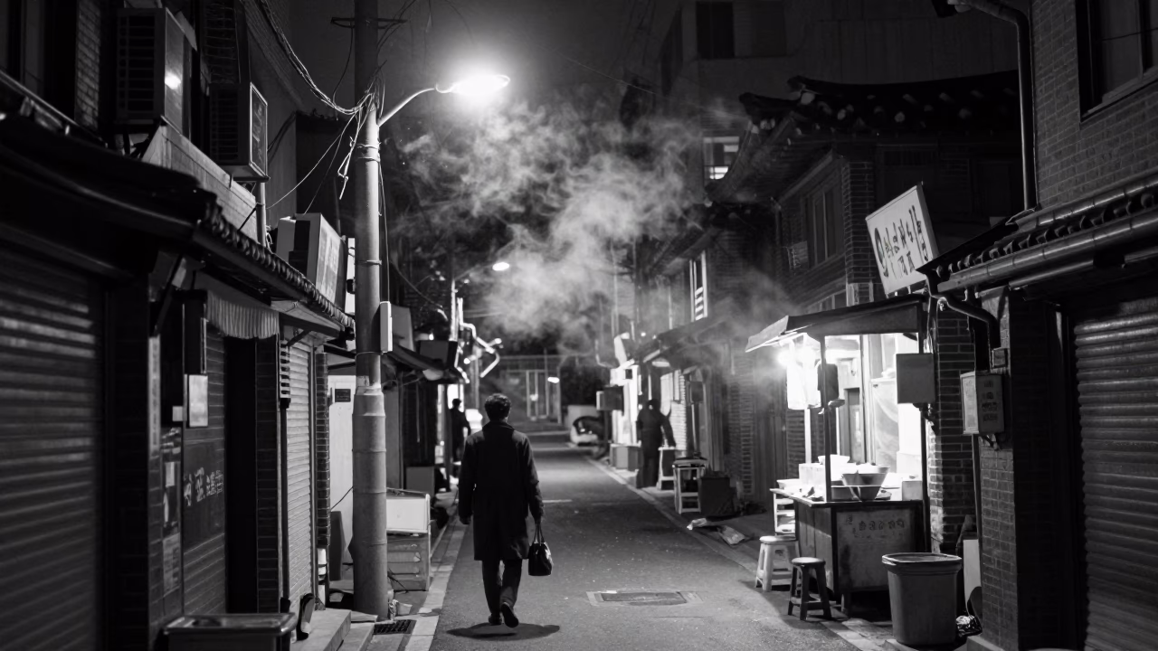 Late Night Seoul Street Scene with Steam and Urban Details in in Seoul, South Korea