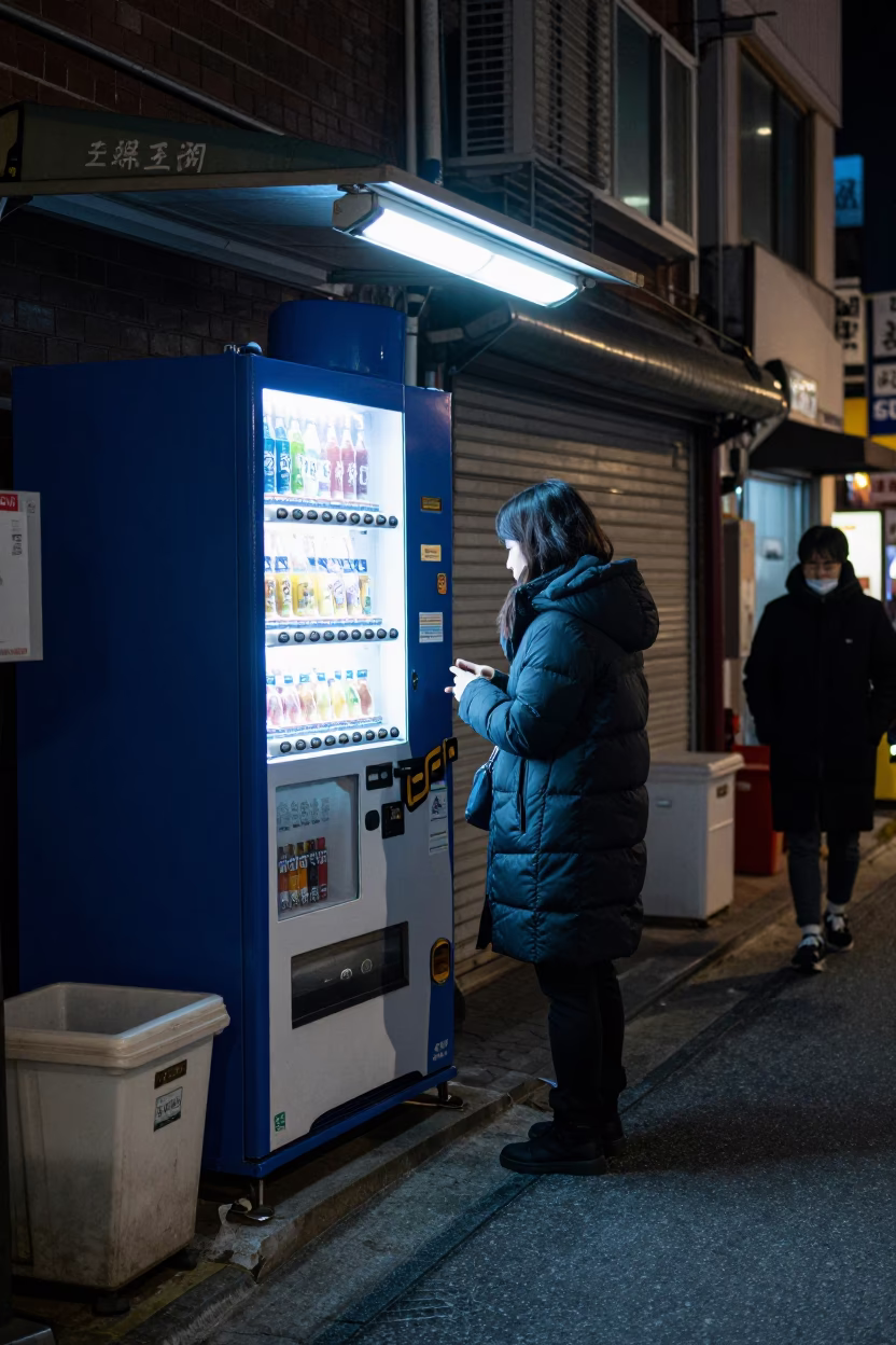 Late Night Seoul Street Scene with Vending Machines and Neon Signs in in Seoul, South Korea