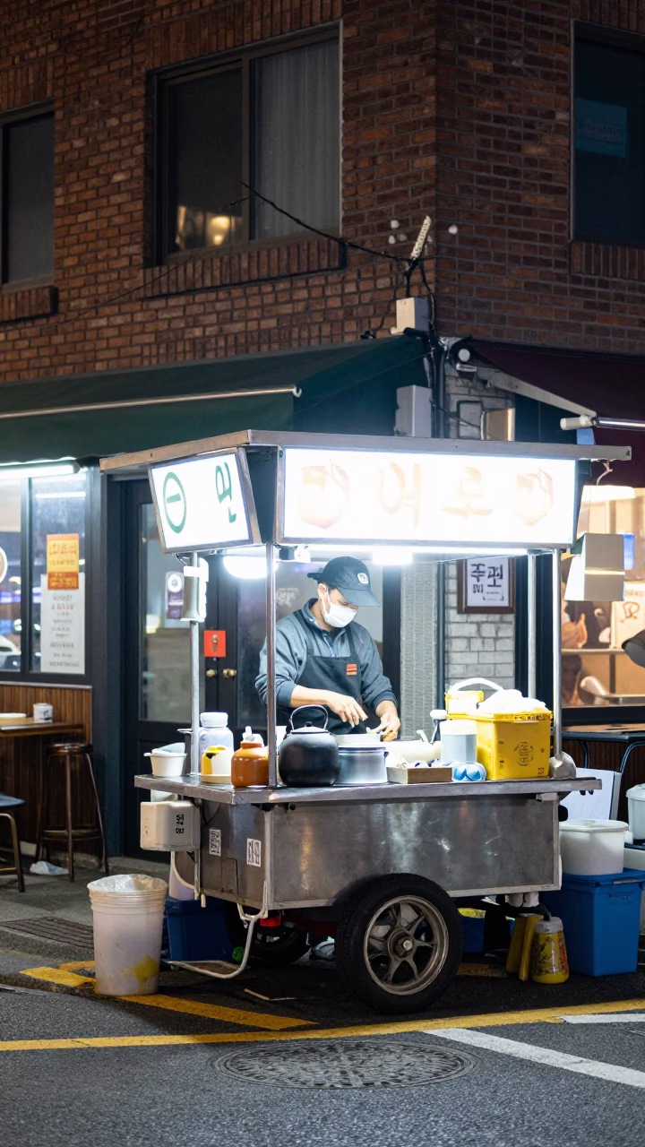 Late Night Seoul Street Scene with Vendor Kettle and Ceramic Mugs in in Seoul, South Korea