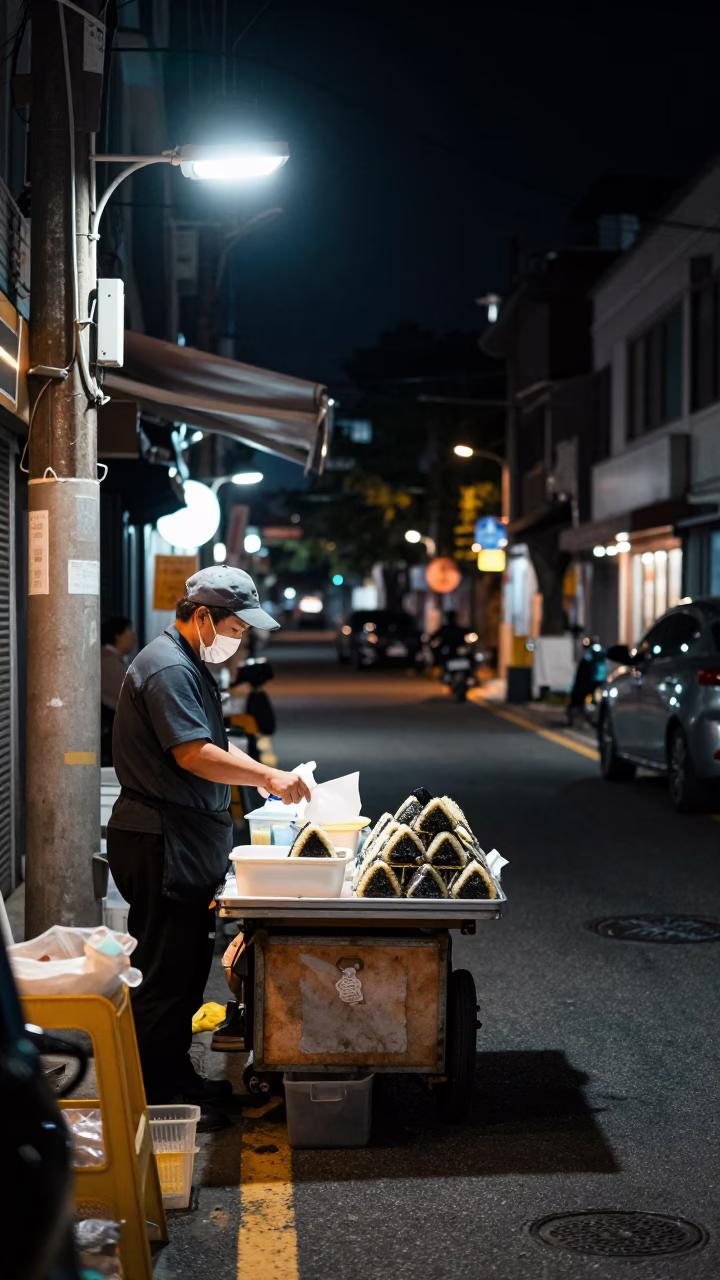 Late Night Seoul Street Scene with Vendor Selling Onigiri and Traditional Korean Architecture in in Seoul, South Korea