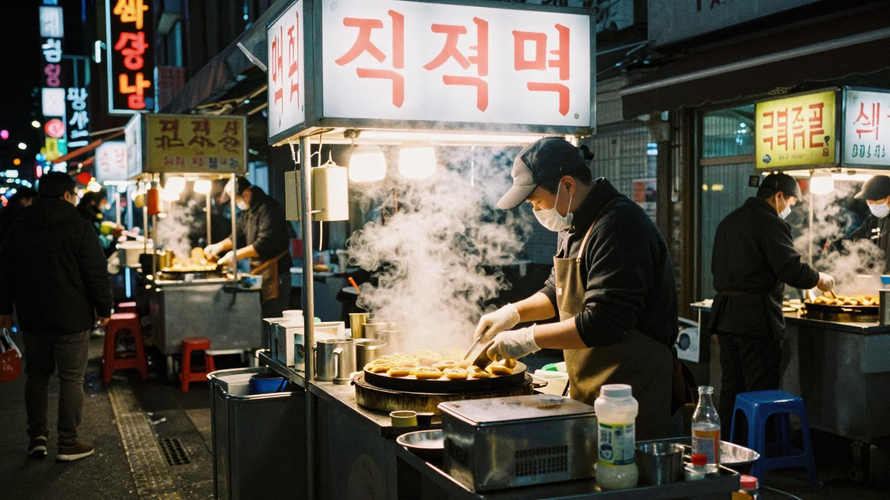 Late Night Seoul Street Vendor Stall With Steam And Warm Lighting in in Seoul, South Korea