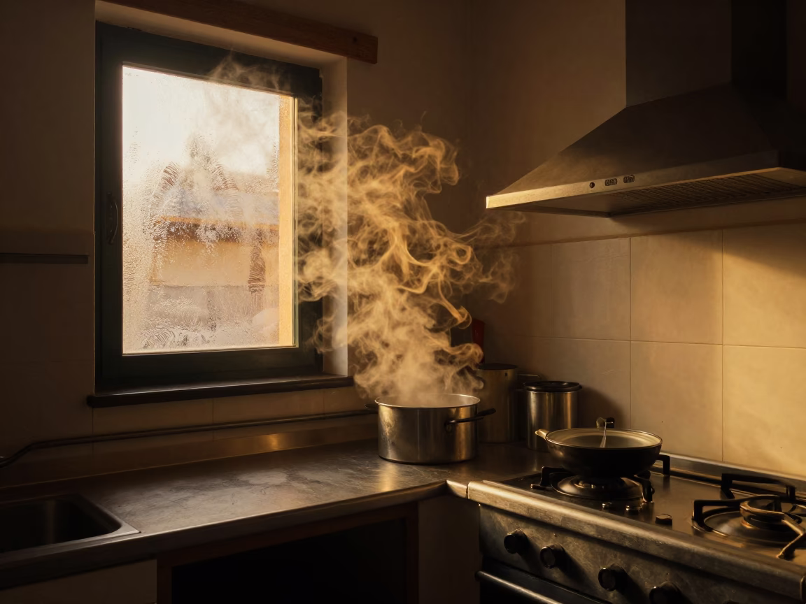 Late Night Seville Kitchen Interior with Steam and Steel Reflections in in Seville, Spain