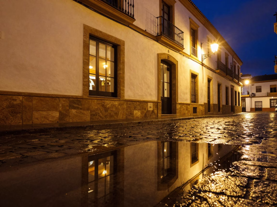 Late Night Seville Puddle Reflection Hotel Windows Tail Lights Rainy Street Scene in in Seville, Spain
