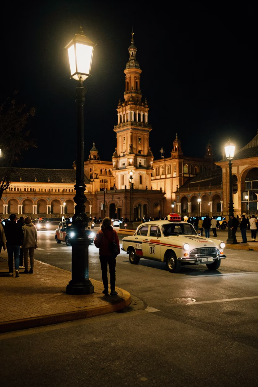Late Night Seville Street Corner with Boot Scraper and Vintage Car Rally in in Seville, Spain